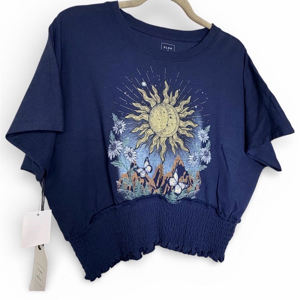 Cleo + Wolf Women’s Navy Tee with Graphic Design